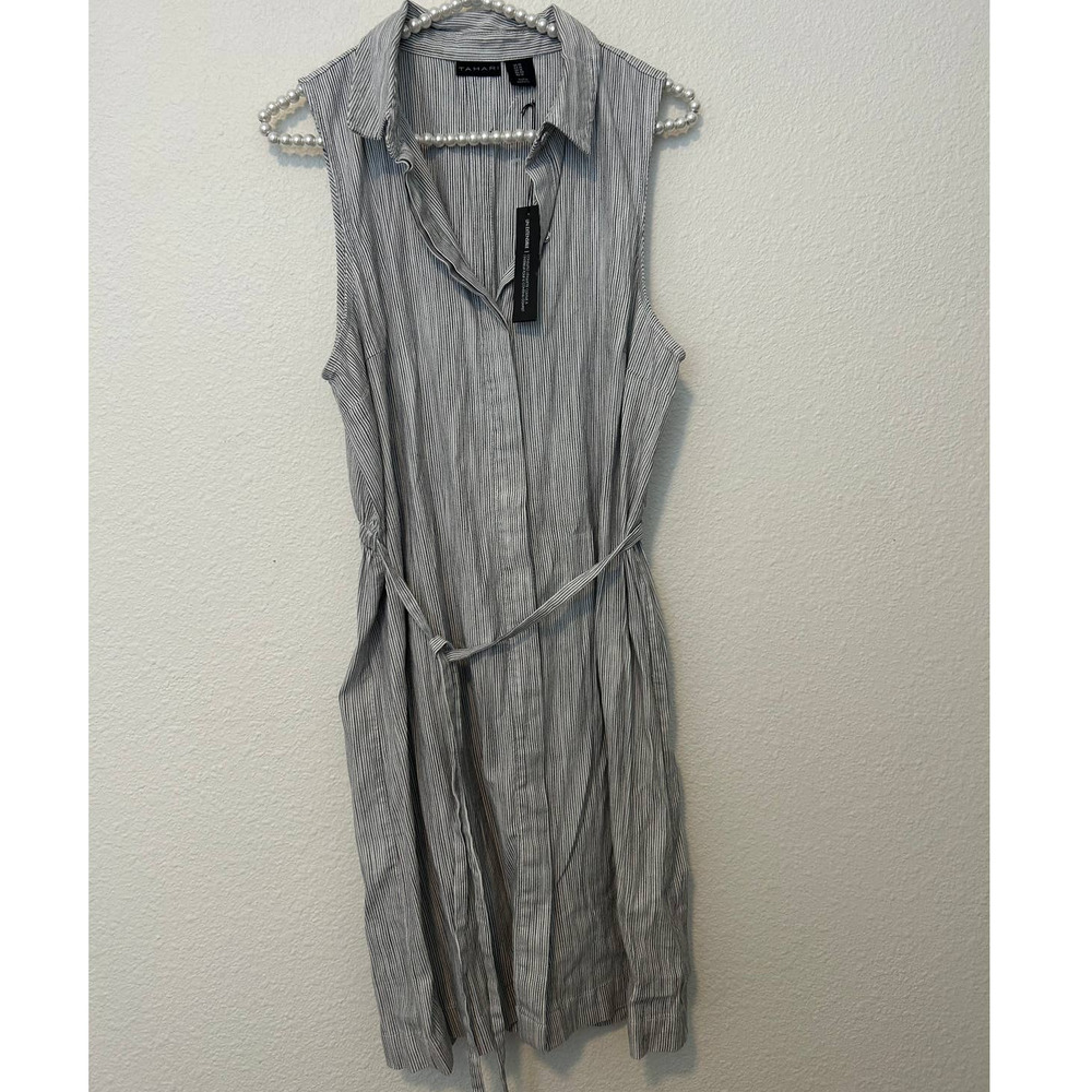 Tahari Size 14 Linen Dress Midi Sleeveless Blue White Stripes Nautical NEW